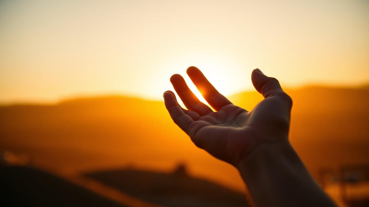 Una mano abierta extendida hacia un amanecer dorado, evocando el Sermón del Monte