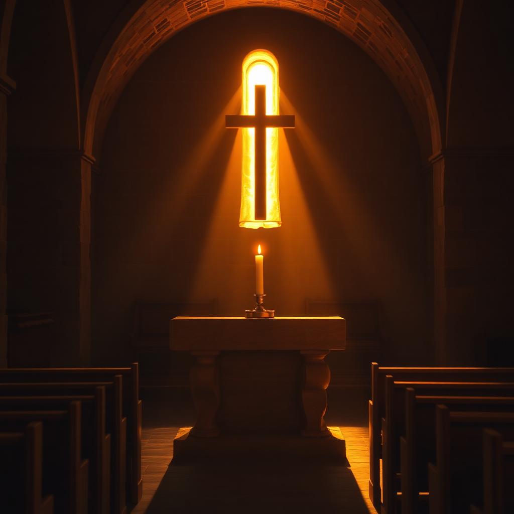 Interior de capilla de piedra con una vela encendida ante una cruz, evocando el silencio de la oración